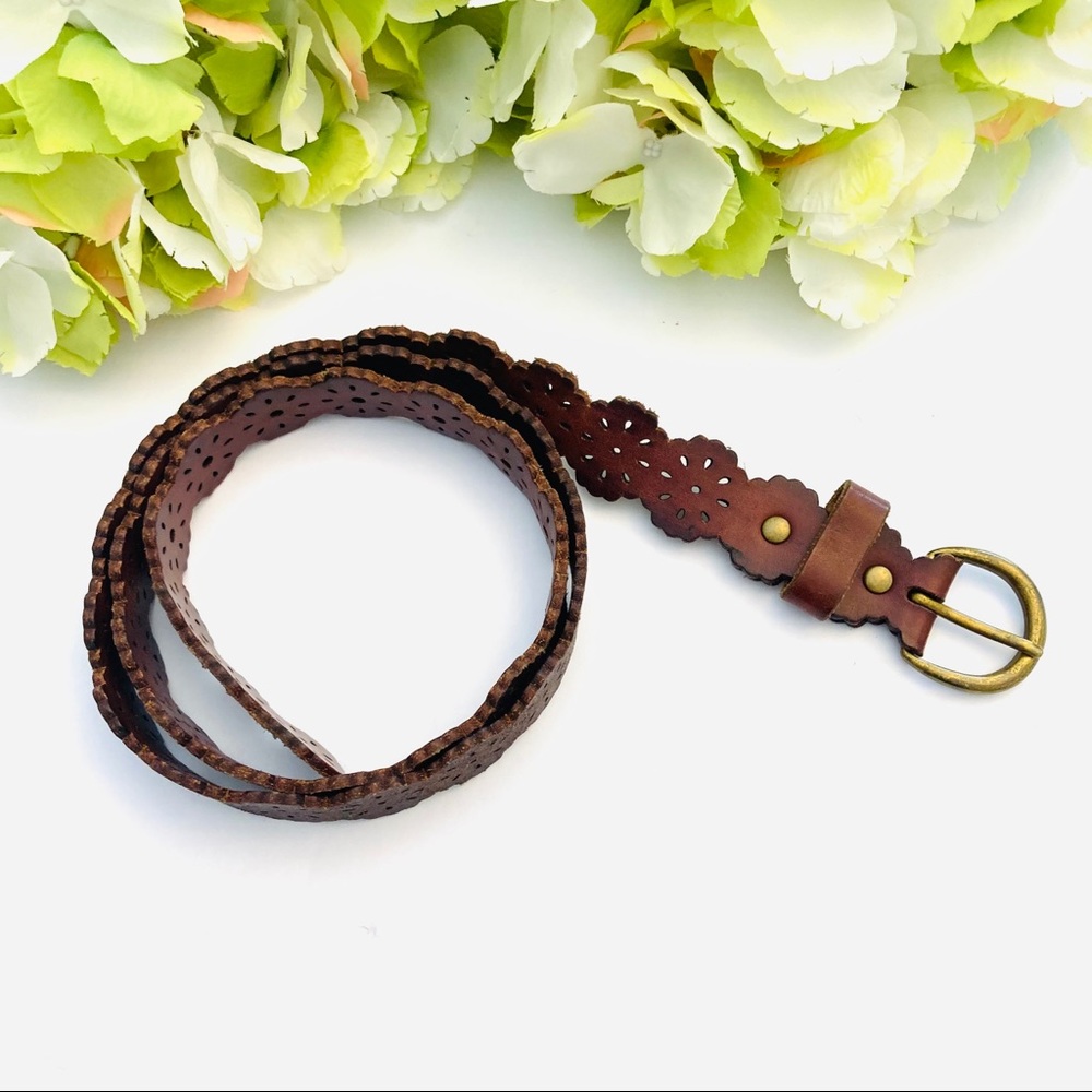 Aerie brown leather floral geometric pattern belt
